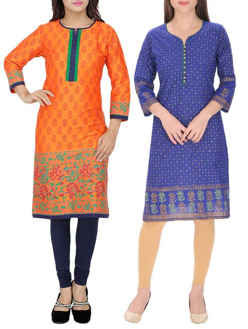 set of 2 multi cotton printed kurta - 13450913 - Very Small Image - 1