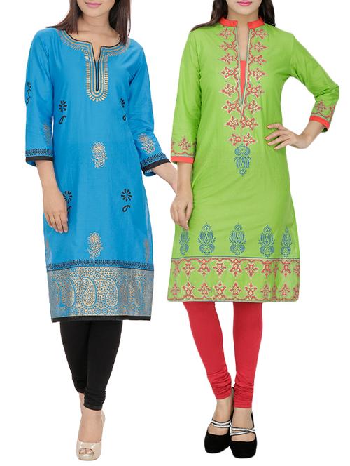 set of 2 multi cotton printed kurta - 13450923 - Very Small Image - 1