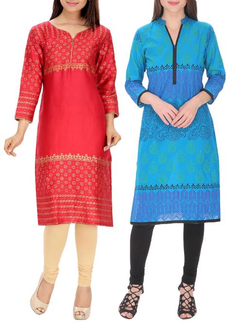 set of 2 multi cotton printed kurta - 13450927 - Very Small Image - 1