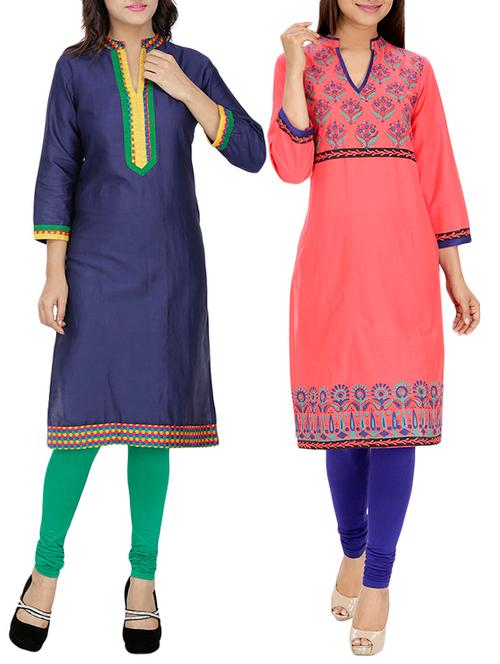 set of 2 multi cotton printed kurta - 13450942 - Very Small Image - 1