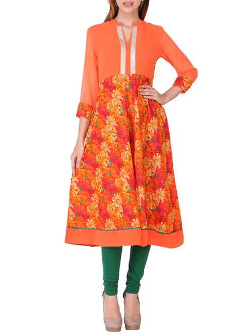 orange georgette floral printed kurta - 13455220 - Very Small Image - 1