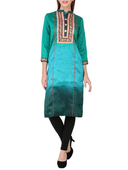 turquoise chanderi straight kurta - 13455231 - Very Small Image - 1