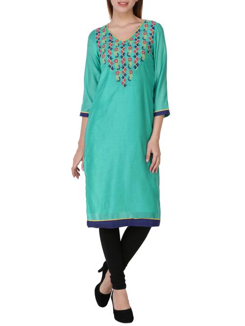 turquoise cotton blend straight kurta - 13455234 - Very Small Image - 1
