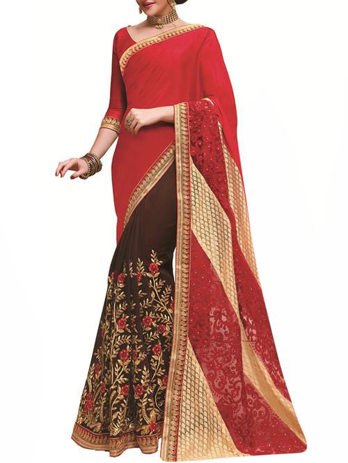 red and brown half and half saree with blouse - 13458695 - Very Small Image - 1