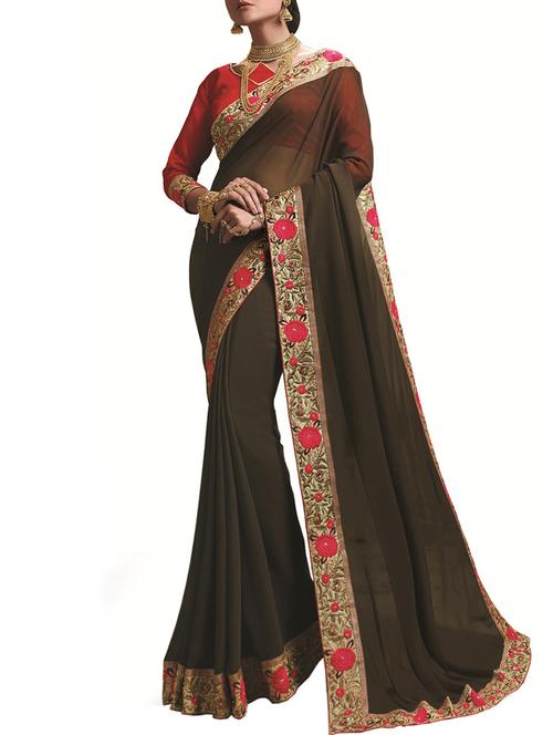 brown georgette bordered saree with blouse - 13458721 - Very Small Image - 1