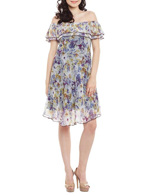 blue chiffon off shoulder ruffle dress - 13458838 - Very Small Image - 1
