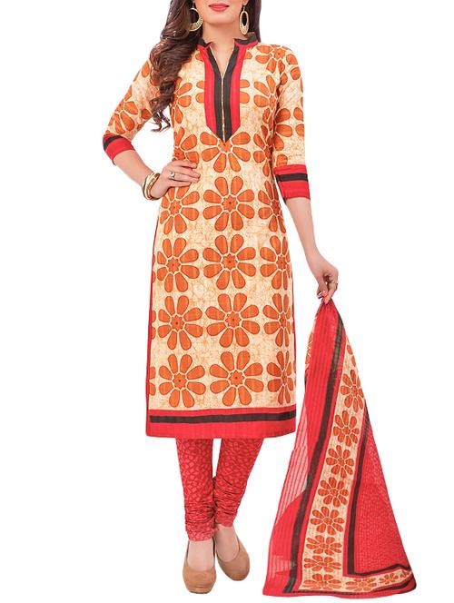 orange cotton printed unstitched suit - 13460031 - Very Small Image - 1