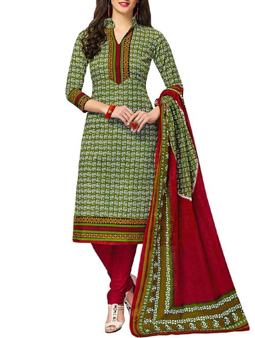 green cotton printed unstitched suit - 13460051 - Very Small Image - 1