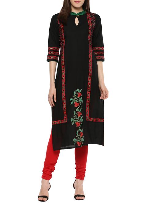 black cotton printed straight kurta - 13461008 - Very Small Image - 1