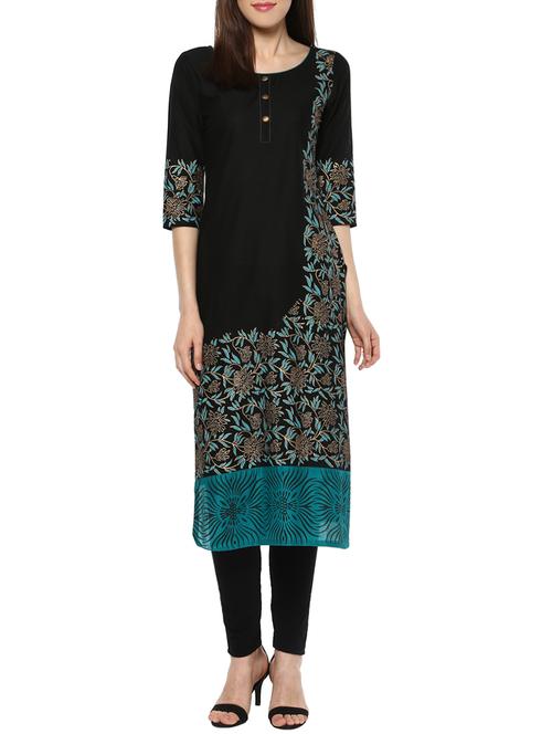 black cotton printed straight kurta - 13461011 - Very Small Image - 1