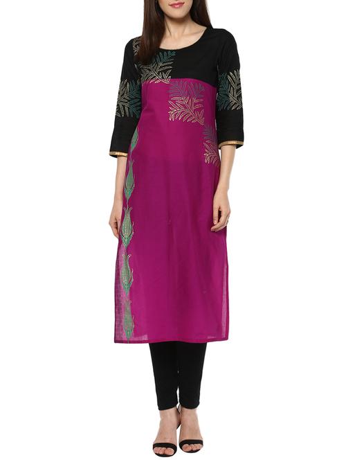 purple cotton printed straight kurta - 13461020 - Very Small Image - 1