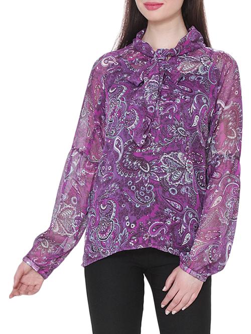 purple poly chiffon front bow tie up top - 13463969 - Very Small Image - 1