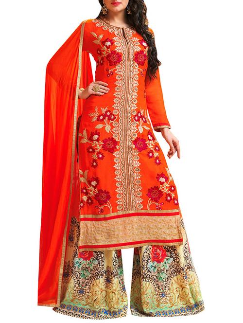 orange georgette embroidered dress material - 13464398 - Very Small Image - 1