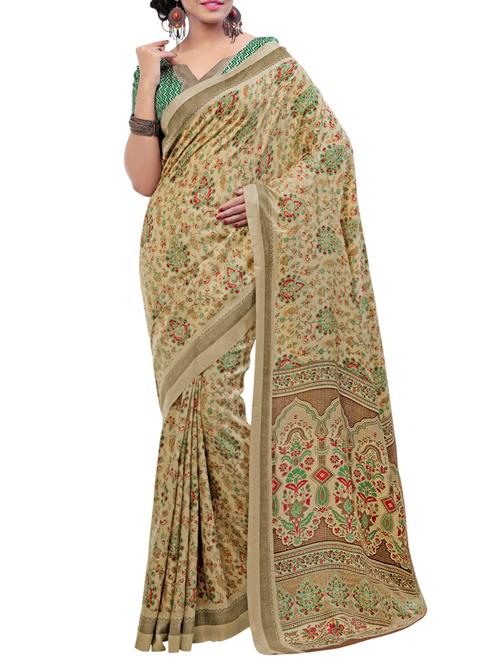 beige silk printed saree with blouse - 13464428 - Very Small Image - 1