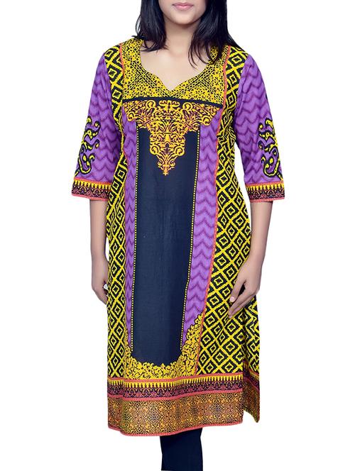 yellow rayon printed stright kurta - 13466452 - Very Small Image - 1