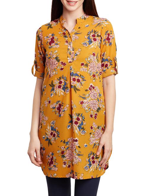orange mandarin neck floral print tunic - 13468051 - Very Small Image - 1