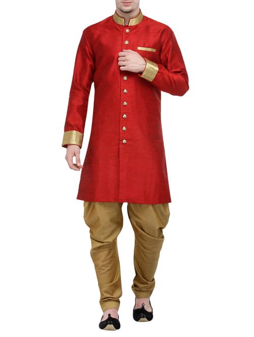 red silk blend sherwani ethnic wear set - 13468571 - Very Small Image - 1