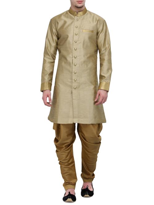 khaki silk blend sherwani ethnic wear set - 13468576 - Very Small Image - 1
