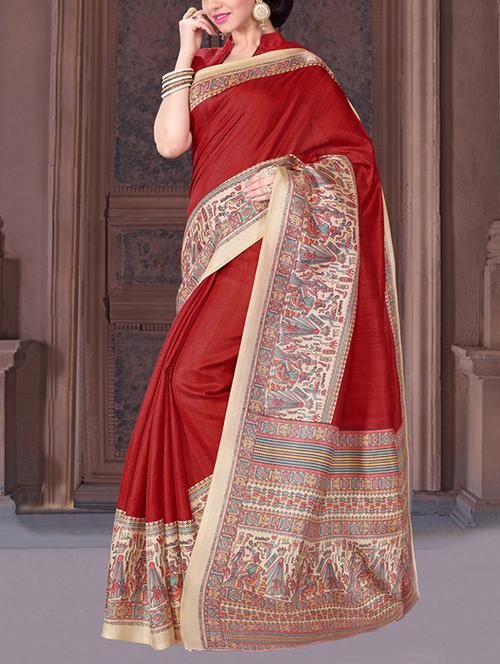 red art silk printed saree with blouse - 13469714 - Very Small Image - 1