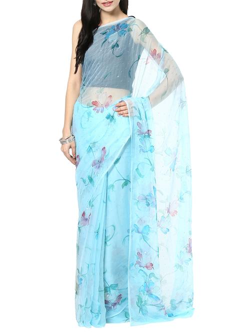 sky blue chiffon printed saree with blouse - 13479691 - Very Small Image - 1