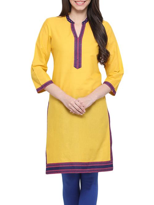 yellow cotton straight kurta - 13500495 - Very Small Image - 1