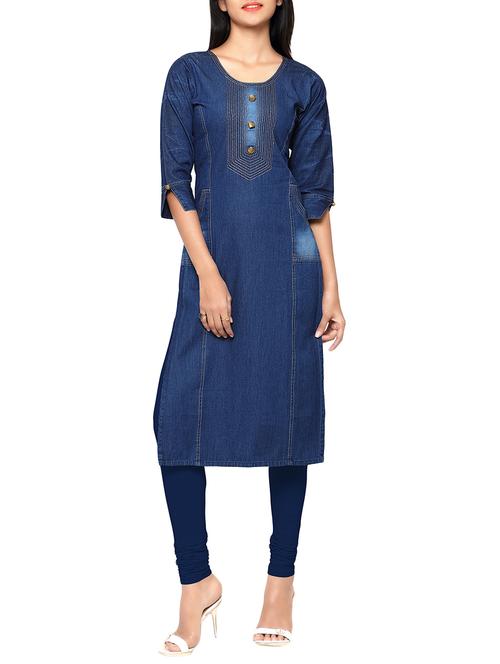 blue denim straight kurta - 13501090 - Very Small Image - 1