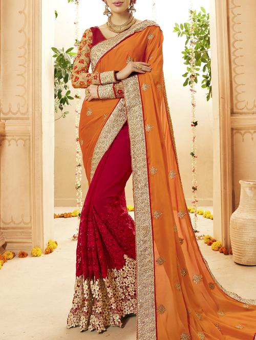 red & orange satin half & half saree with blouse - 13554134 - Very Small Image - 1