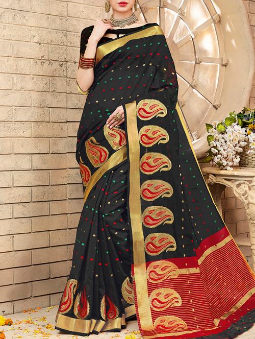 black cotton blend saree with blouse - 13554945 - Very Small Image - 1