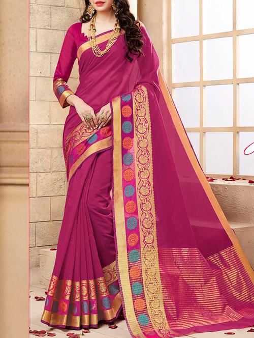 red cotton blend saree with blouse - 13554947 - Very Small Image - 1