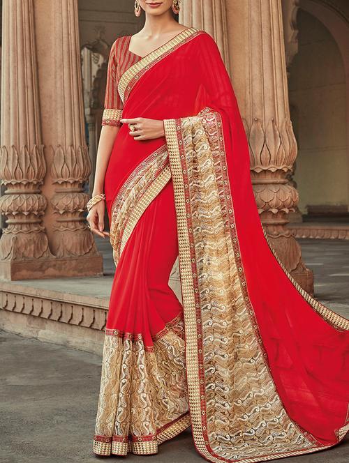 red georgette embroidered saree with blouse - 13554955 - Very Small Image - 1