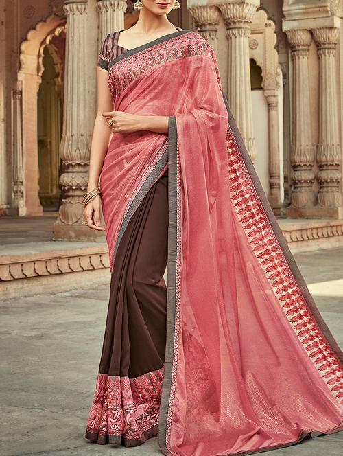 pink and brown embroidered half and half saree with blouse - 13554956 - Very Small Image - 1