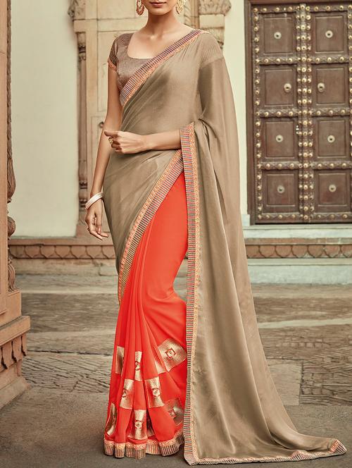 orange and beige embroidered half and half saree with blouse - 13554962 - Very Small Image - 1