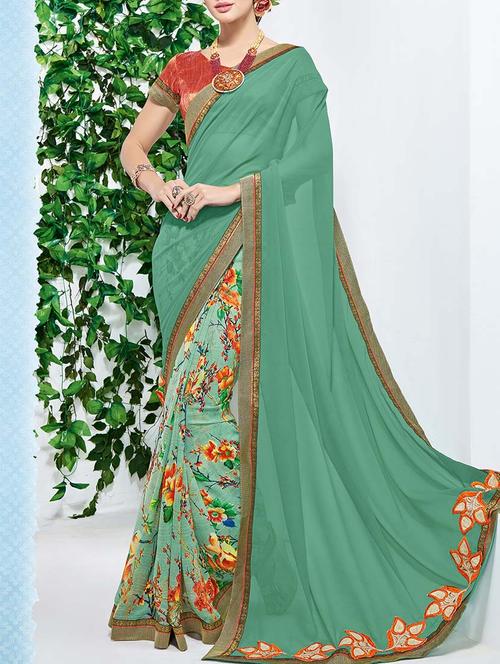 green floral printed saree with blouse - 13554989 - Very Small Image - 1