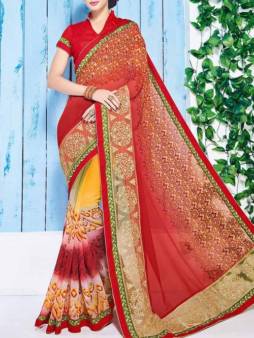 red colored printed saree with blouse - 13554991 - Very Small Image - 1