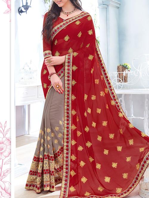 red and grey embroidered half and half saree with blouse - 13554998 - Very Small Image - 1