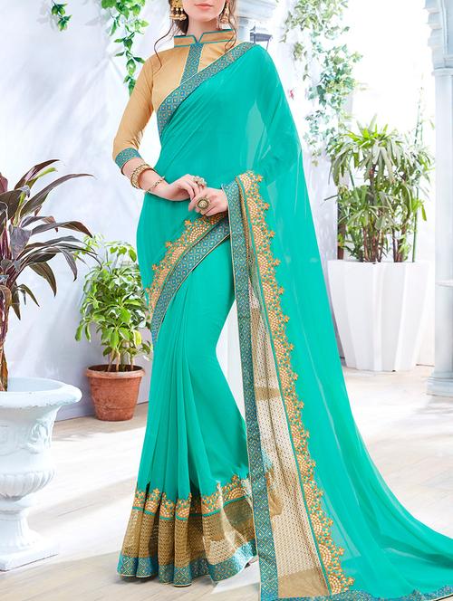 turquoise bordered georgette saree with blouse - 13554999 - Very Small Image - 1
