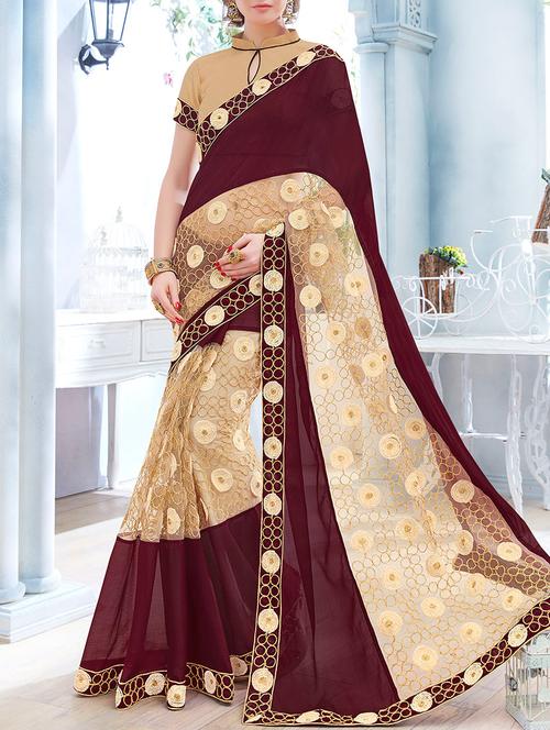 maroon georgette embroidered saree with blouse - 13555001 - Very Small Image - 1