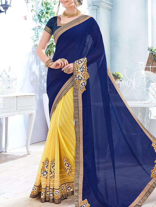 blue and yellow embroidered half and half saree with blouse - 13555003 - Very Small Image - 1