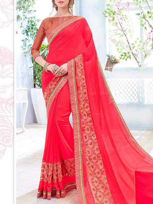 red bordered saree with blouse - 13555004 - Very Small Image - 1
