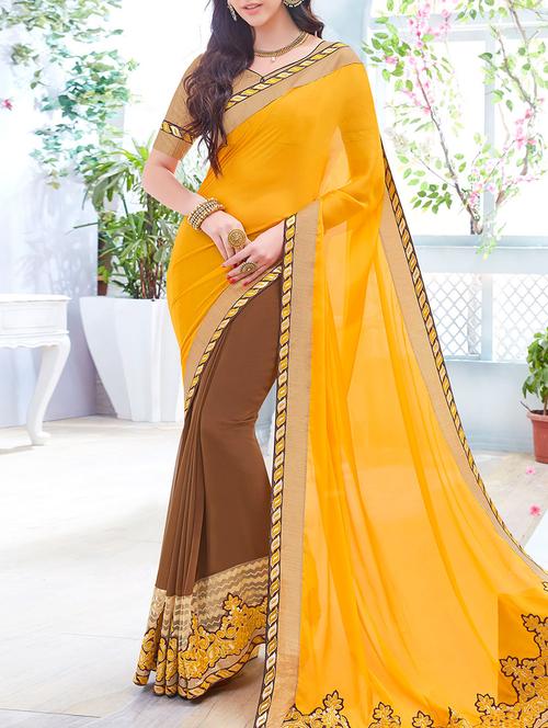 yellowand brown half and half saree with blouse - 13555005 - Very Small Image - 1