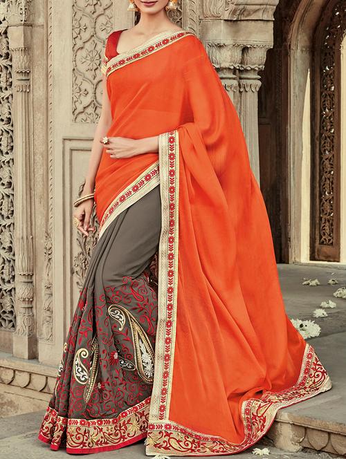 orange and grey embroidered halfa nd half saree with blouse - 13555013 - Very Small Image - 1