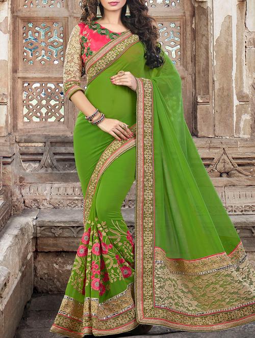 green georgette embroidered saree with blouse - 13555022 - Very Small Image - 1