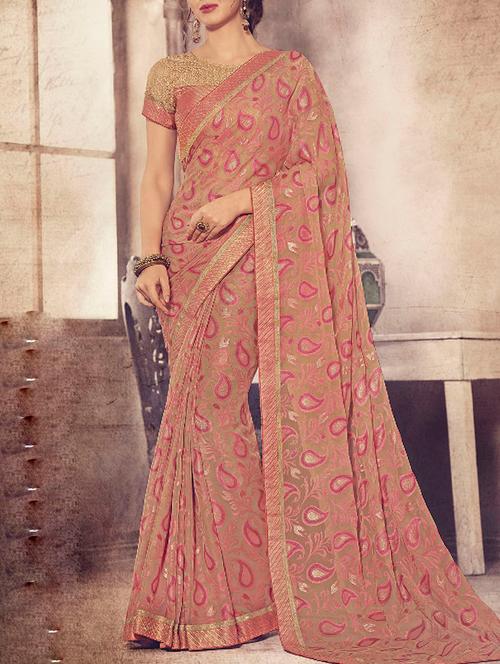 brown georgette saree with blouse - 13555051 - Very Small Image - 1