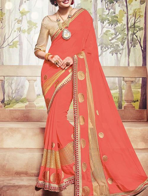 orange georgette embroidered saree with blouse - 13555071 - Very Small Image - 1