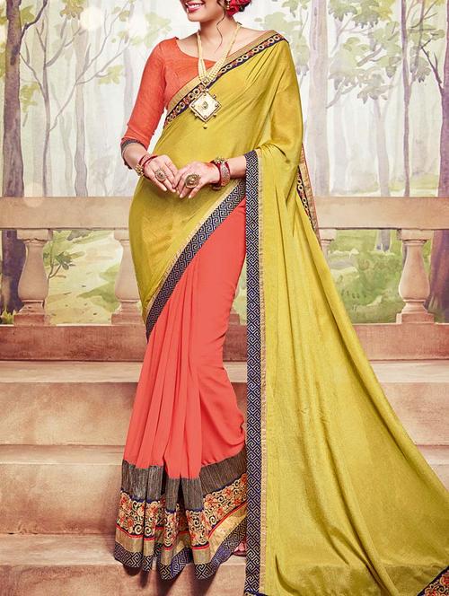 green and peach embroidered half and half saree with blouse - 13555074 - Very Small Image - 1
