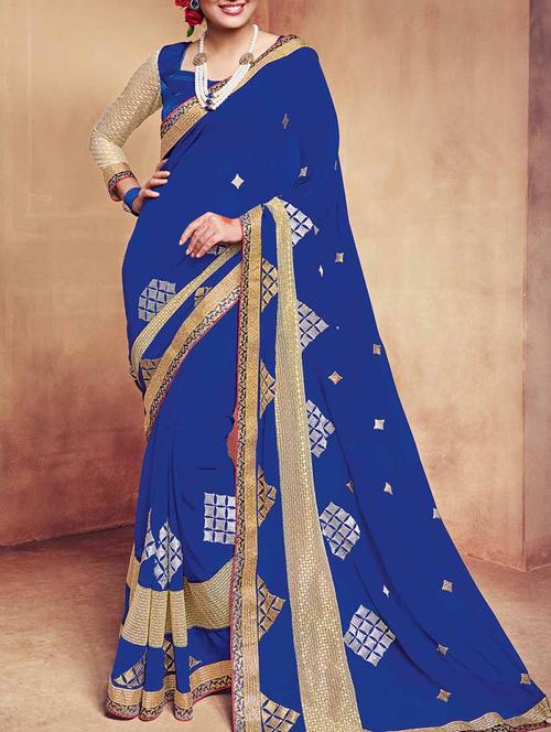 royal blue embroidered saree with blouse - 13555083 - Very Small Image - 1