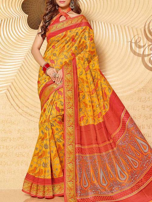 yellow printed silk saree with blouse - 13555109 - Very Small Image - 1