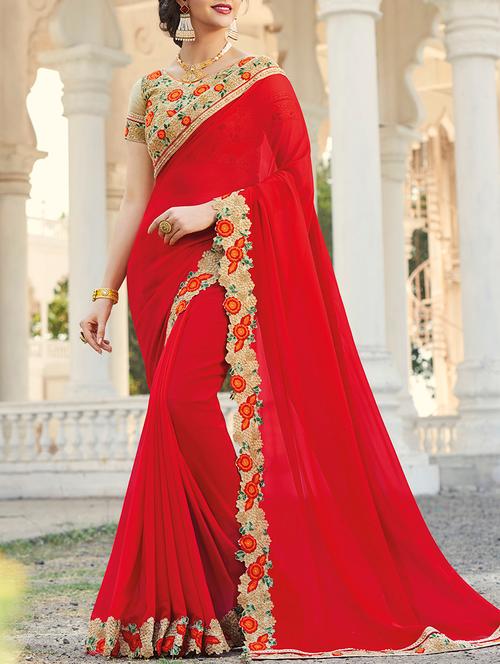 red bordered georgette saree with blouse - 13555119 - Very Small Image - 1
