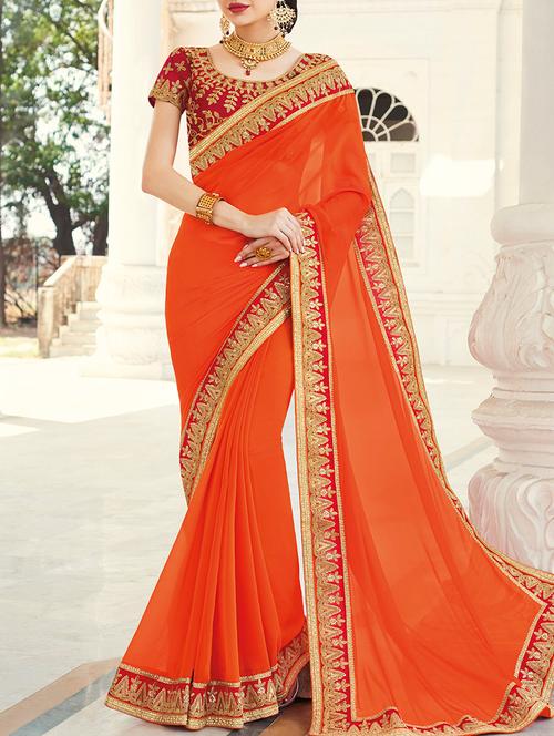 orange georgette bordered saree with blouse - 13555130 - Very Small Image - 1