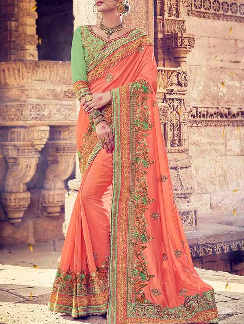orange georgette embroidered saree with blouse - 13555146 - Very Small Image - 1